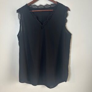 Sleeveless Lace Trim Blouse Women XL Black V-Neck Eyelash Lace Top